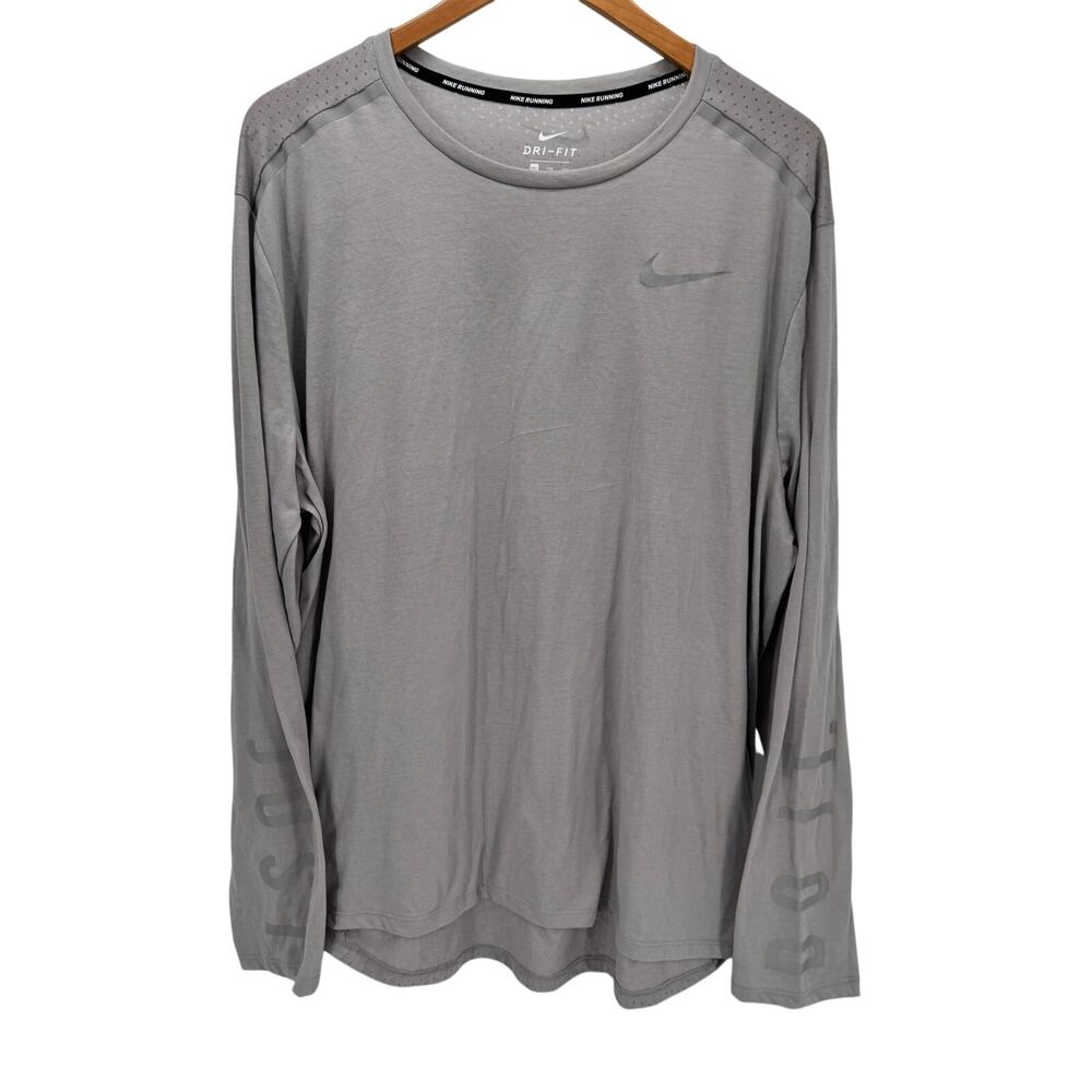 Nike Running Shirt Mens XXL Gray‎ Mesh Long JUST DO IT Logo Sleeves Dri Fit
